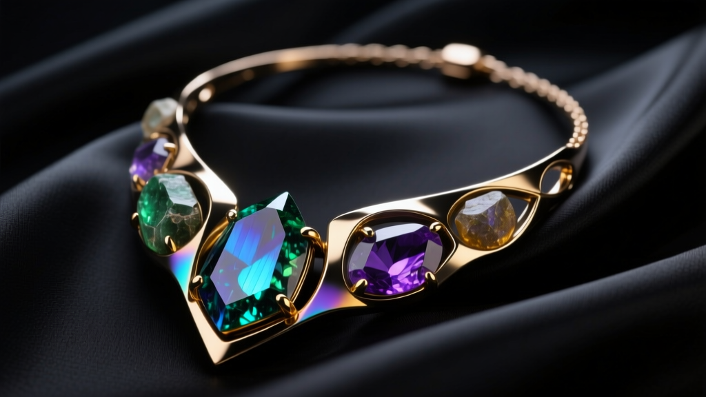 Macro shot of a sculptural artistry necklace with anodized titanium and raw tourmaline on dark silk under soft studio lighting