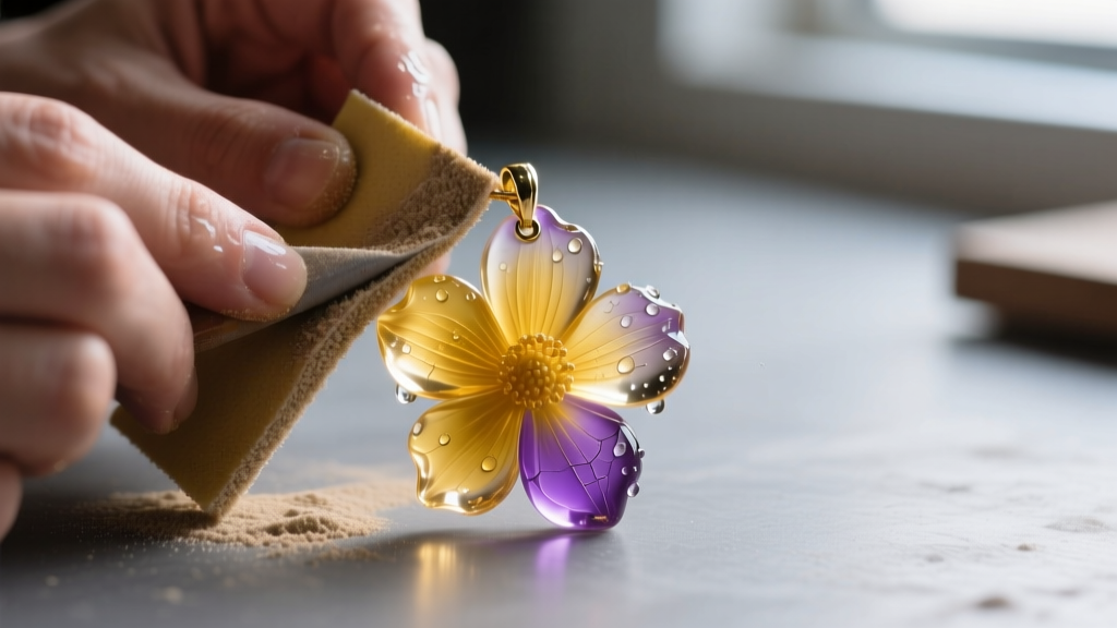 Hands wet-sanding a yellowed purple resin flower pendant with high-grit sandpaper under bright, focused workbench lighting