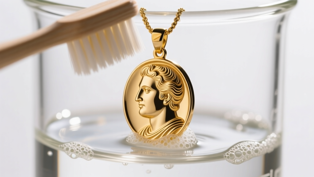 Soft toothbrush gently scrubbing acid-etched grooves of a gold vermeil portrait pendant submerged in mild soapy distilled water.