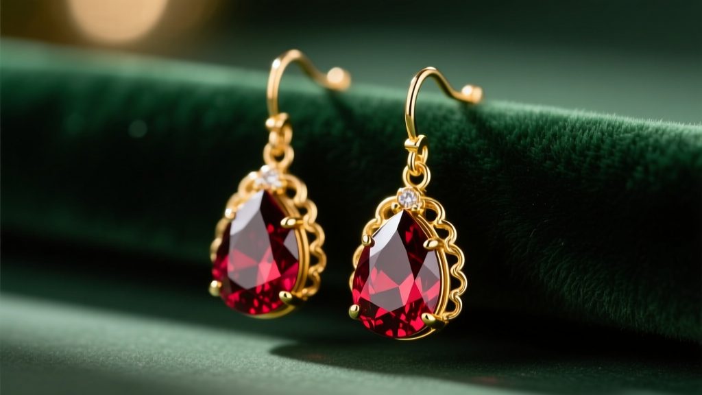 Macro shot of 14k gold Christmas dangle earrings with pear garnets resting on dark green velvet under soft, warm holiday lighting