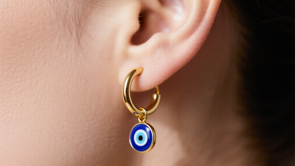 Close-up side profile of a gold huggie hoop earring with a small blue enamel Turkish eye charm dangling near a soft earlobe