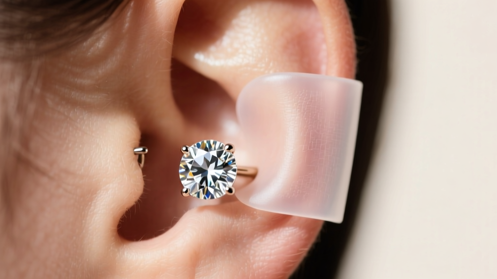 Macro shot of a clear silicone earlobe support patch applied behind a pierced ear wearing a heavy multi-carat diamond stud earring