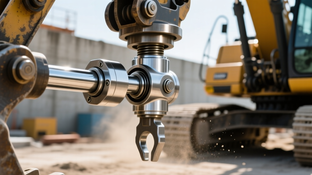 Close-up of an automatic hydraulic quick coupler connecting a breaker attachment to an excavator dipper stick.