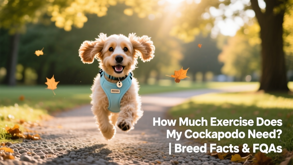 A happy, energetic Cockapoo mid-stride on a sunlit park path, wearing a lightweight harness