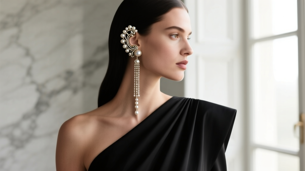 Side profile of a model in a black one-shoulder gown wearing a dramatic baroque pearl ear cuff and long drop earring combination.
