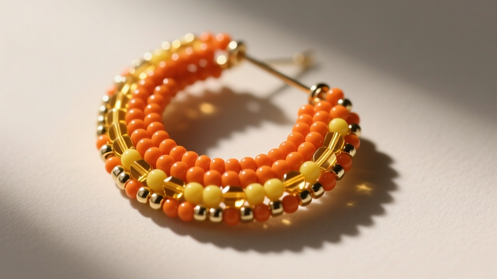 Top-down view of a completed brick stitch seed bead earring in orange and yellow, showing tight tension and neat thread edges