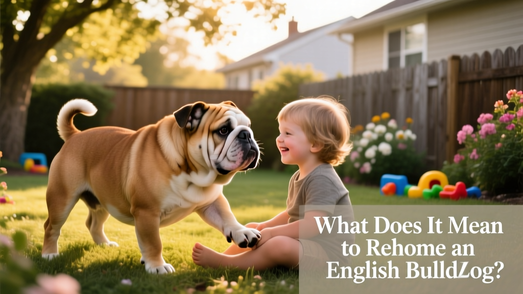 An English Bulldog playing gently with a young child in a sunlit backyard