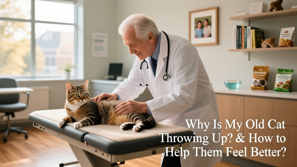 Veterinarian gently examining a senior cat during a calm, well-lit office visit