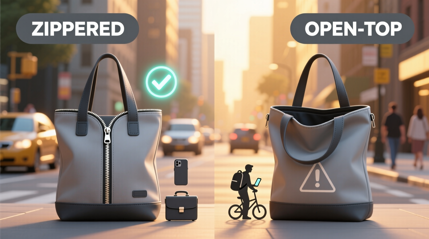 tote bag with zipper vs open top which is better for commuting safety