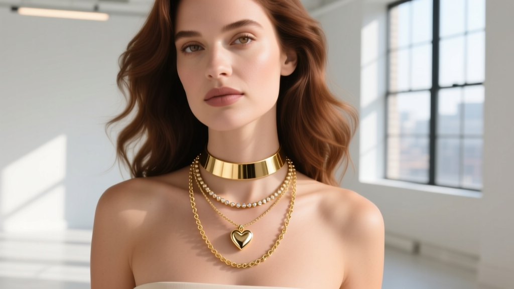 Woman wearing a layered stack with a Kate Spade heart pendant flanked by a 14-inch gold choker and a 20-inch gold satellite chain
