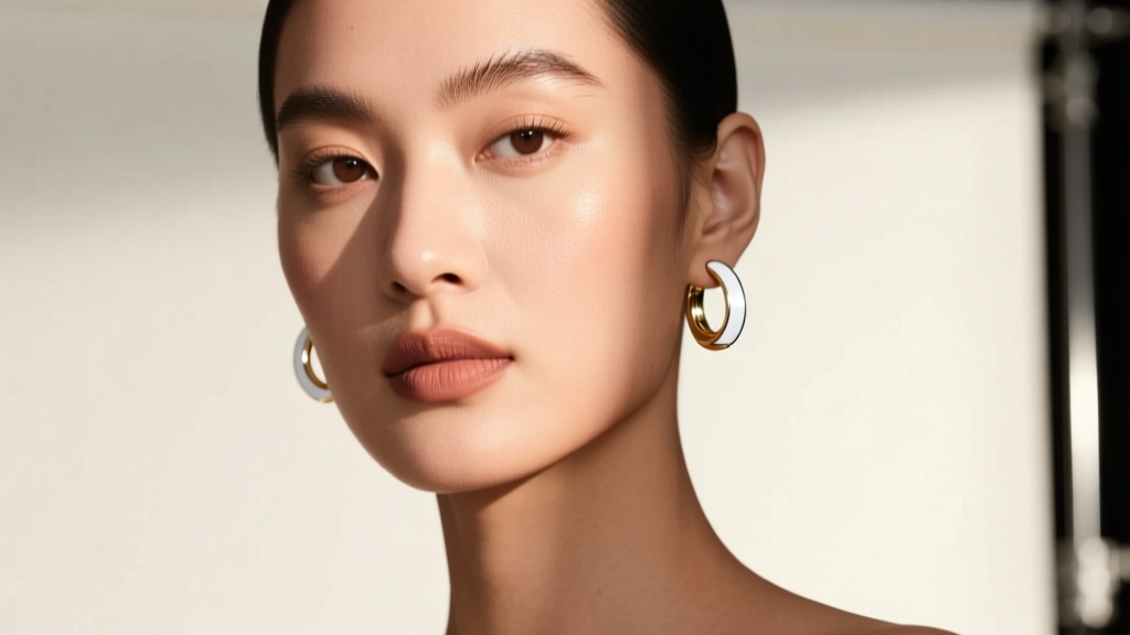 Model wearing 25mm 14k white gold hoop earrings, soft studio light highlighting the bright rhodium finish on warm skin.