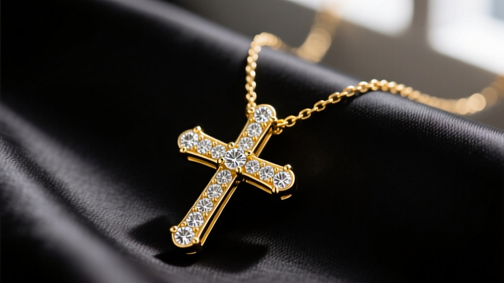 Close-up of a solid 14k yellow gold jeweled cross necklace with pavé lab-grown diamonds resting on a dark silk fabric background.