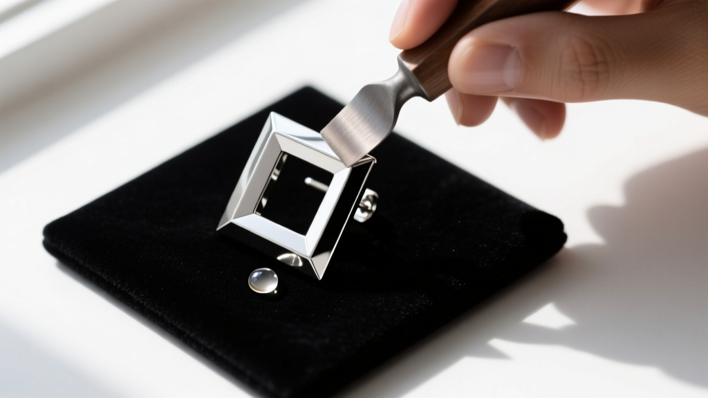 Overhead view of a square silver earring being polished on a jeweler's bench with a microfiber cloth and anti-tarnish solution.
