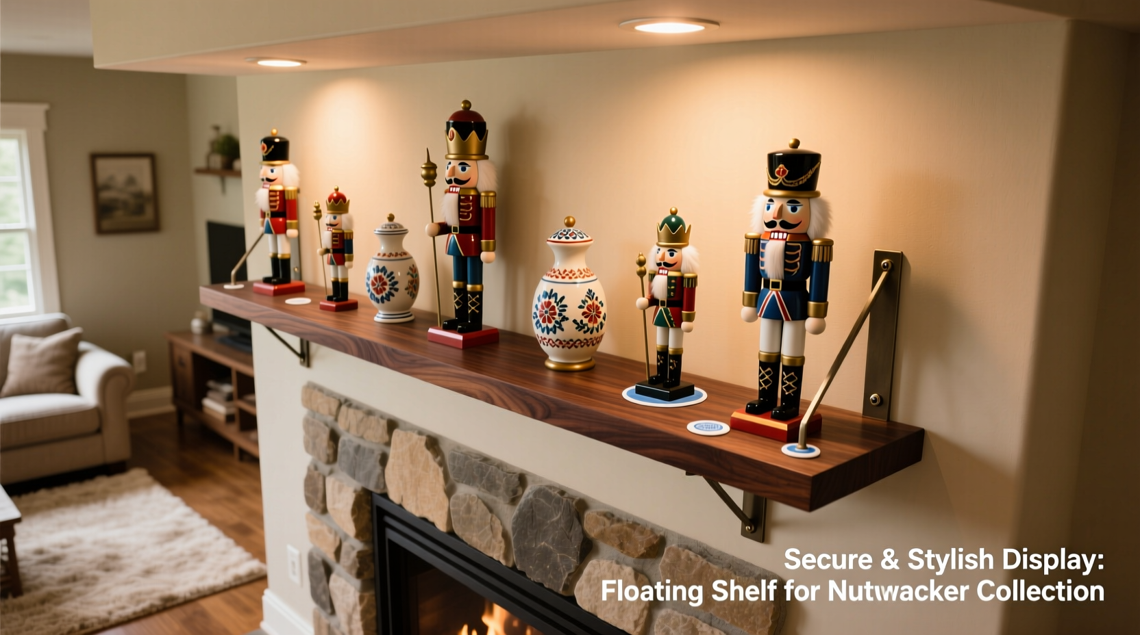 how to mount a floating shelf above fireplace for displaying collectible nutcrackers safely
