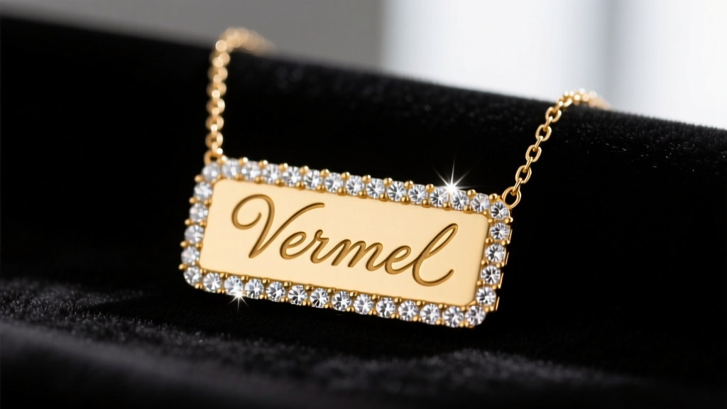 Macro shot of a 14k gold vermeil cursive nameplate necklace with pavé cubic zirconia on a 1.5mm box chain against dark velvet
