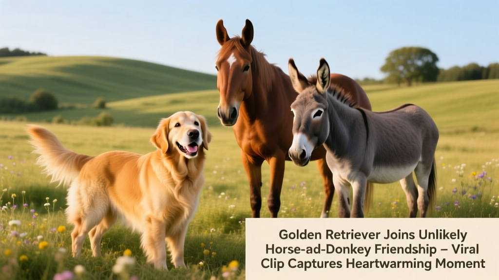 Golden Retriever standing happily in a sunlit pasture beside a gentle horse and calm donkey