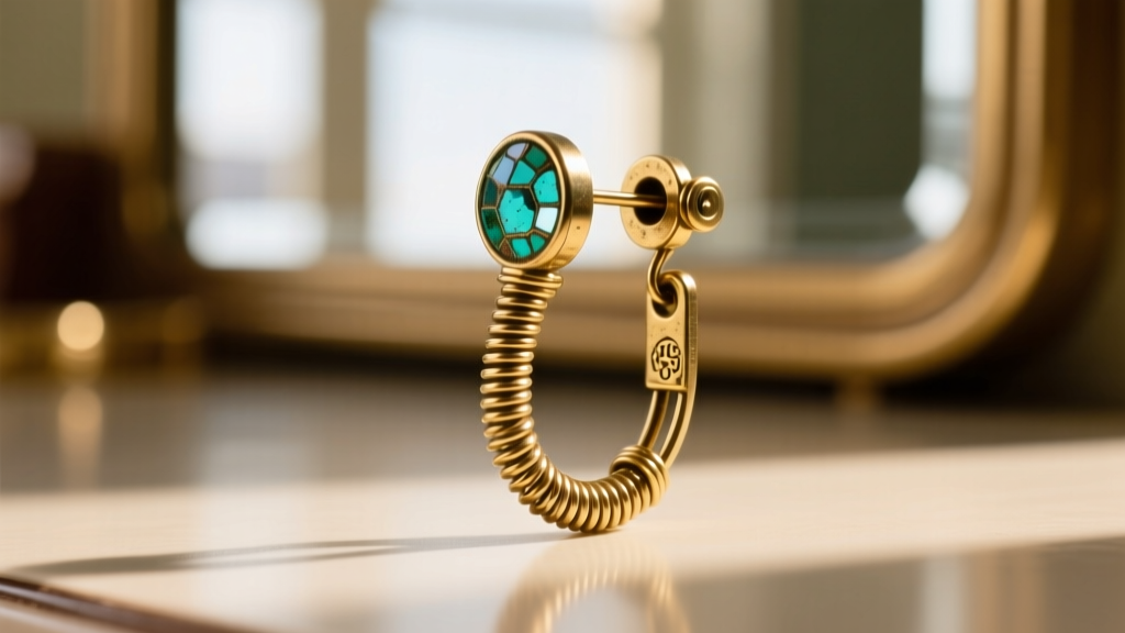 Macro shot of 1970s disco earring clip-on mechanism showing brass spring hinge, slight verdigris, and thick 16-gauge wire loop.