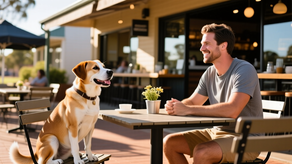 A relaxed dog sitting beside their owner at an outdoor table in a dog-friendly restaurant in South Australia.