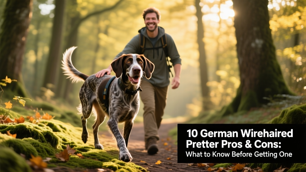 German Wirehaired Pointer happily hiking on a forest trail with its owner