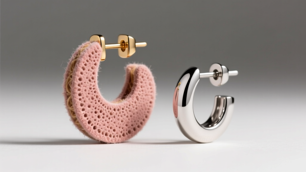 Macro shot of dusty rose suede earring showing porous texture next to a highly polished, hypoallergenic titanium earring post.