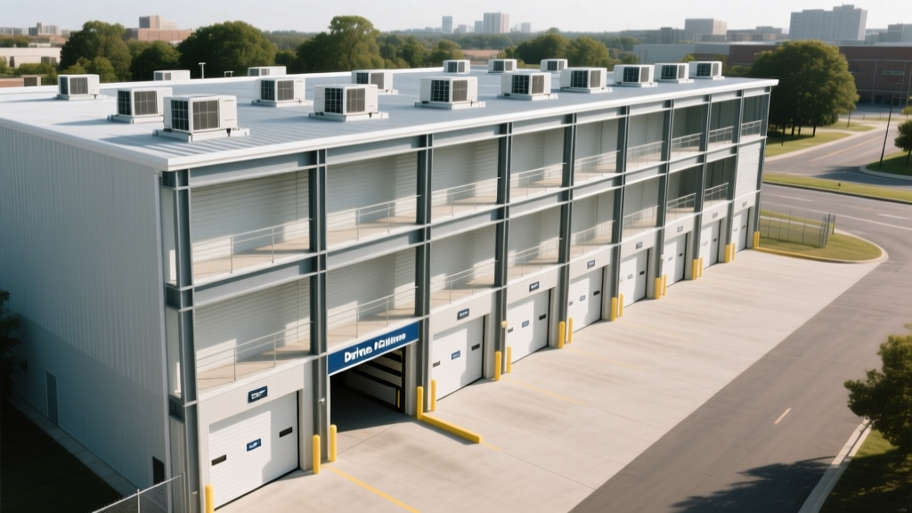 Blueprint of a multi-story self-storage facility with rooftop HVAC units, drive-up bays, and pre-engineered metal framing