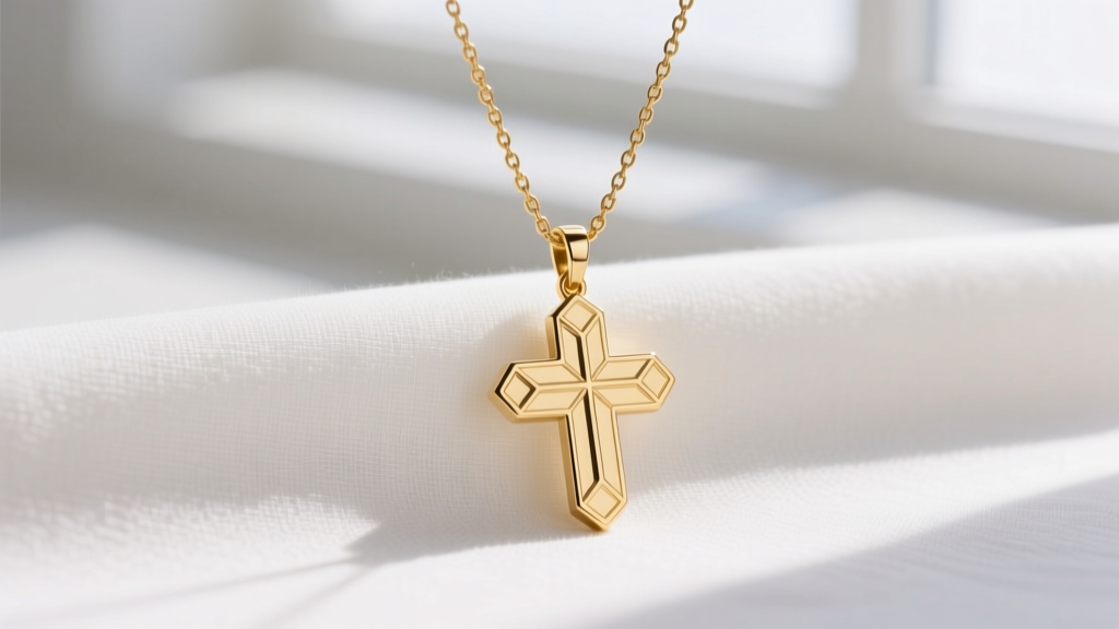 Macro shot of a minimalist 14k solid gold baptism necklace with a tiny geometric cross pendant resting on soft white linen fabric
