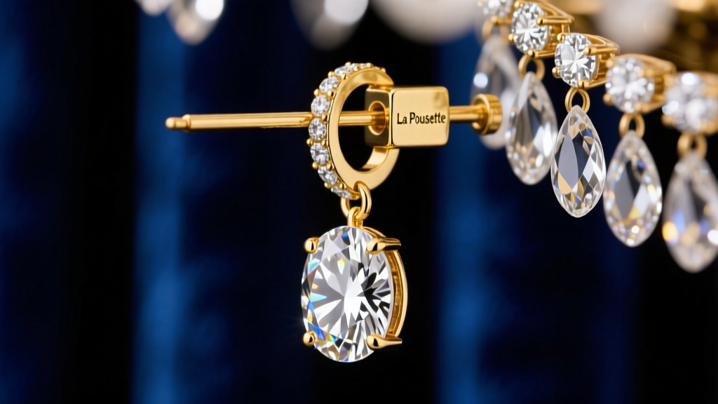 Close-up of an 18-gauge gold post with a La Pousette locking clutch attached to a heavy diamond chandelier drop earring on velvet