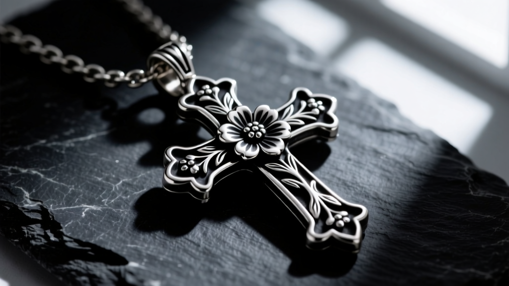 Heavy sterling silver Chrome Hearts floral cross pendant on dark slate, dramatic side-lighting highlighting deep black oxidation.