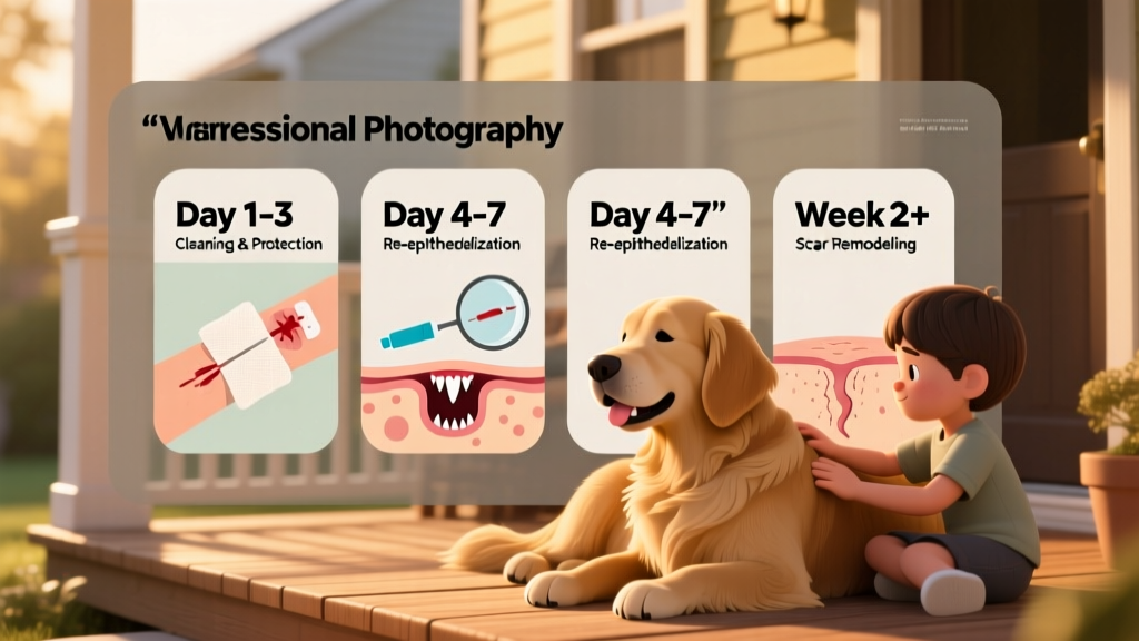 Infographic showing stages of dog bite healing: Day 1–3 (cleaning & protection), Day 4–7 (re-epithelialization), Week 2+ (scar remodeling)
