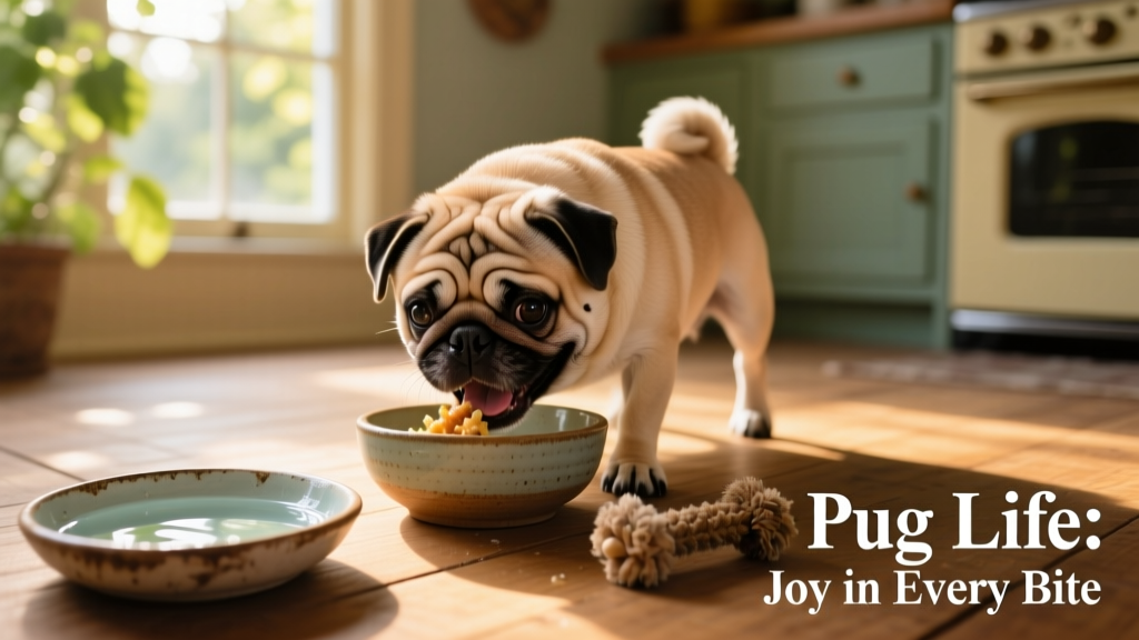 A Pug happily eating from a shallow ceramic bowl, surrounded by fresh water and a chew toy