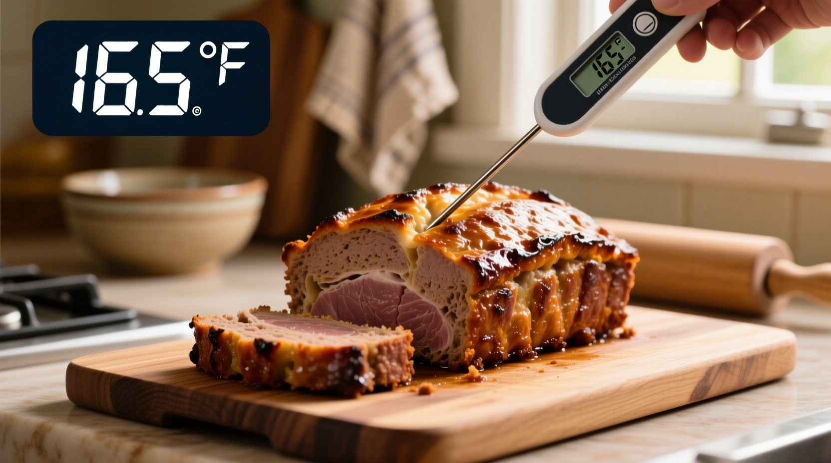Thermometer checking meatloaf internal temperature