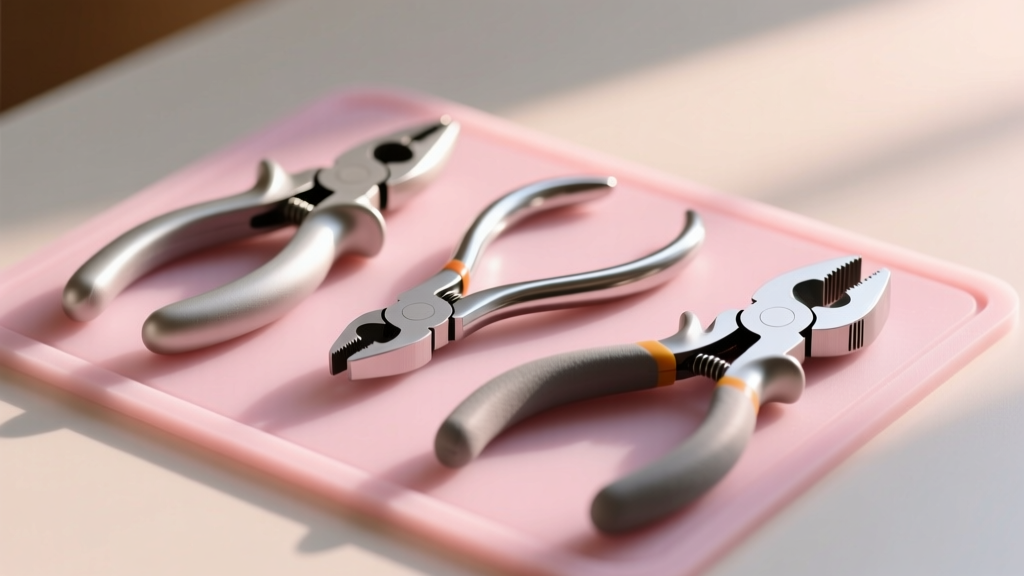 Flush cutters, round-nose pliers, and nylon jaw pliers on a pink silicone craft mat with a softly blurred background