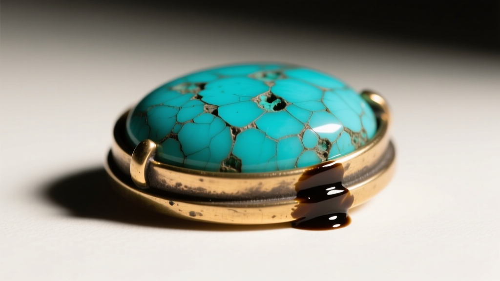 Macro shot of a porous turquoise cabochon set in a brass bezel, showing dark oil stains near the edge under bright studio lights