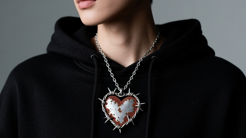 Oxidized sterling silver no boo necklace with barbed-wire heart pendant on a black hoodie, moody studio lighting, high contrast