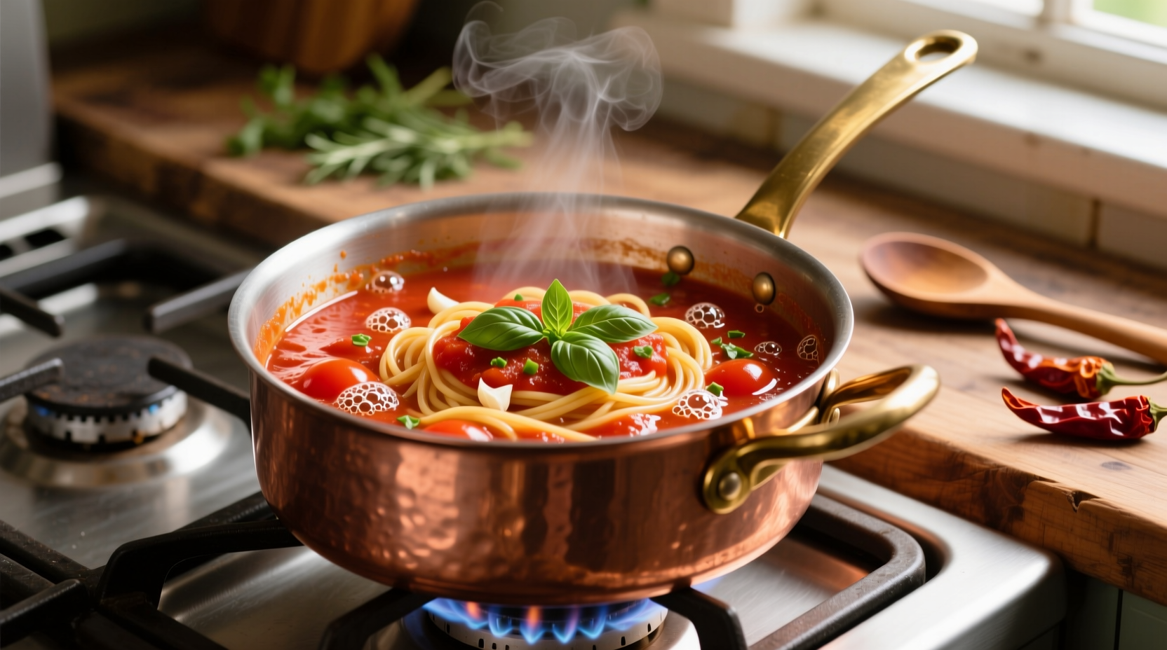 Fresh tomato spaghetti sauce simmering in copper pot