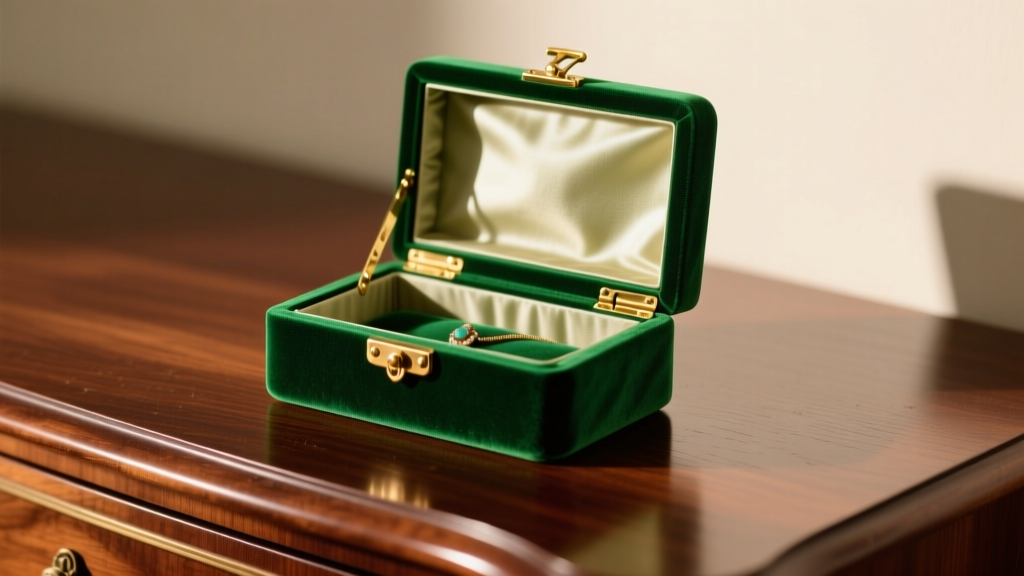 Vintage emerald green velvet jewelry box with polished brass hinges on a mahogany dresser under soft warm lighting.