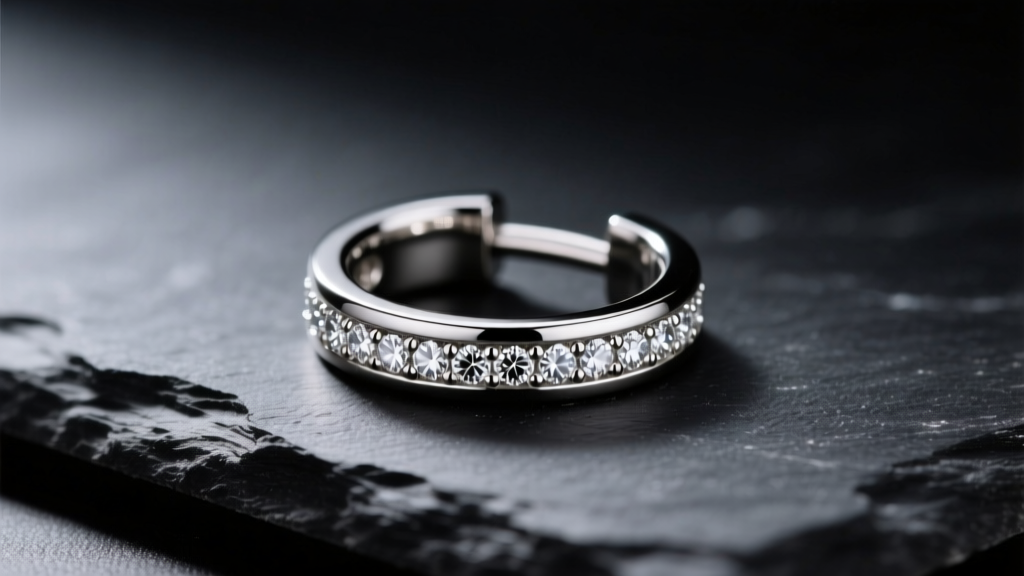 Macro shot of a 16-gauge titanium clicker ring earring with pavé diamonds, resting on dark slate under soft studio lighting.