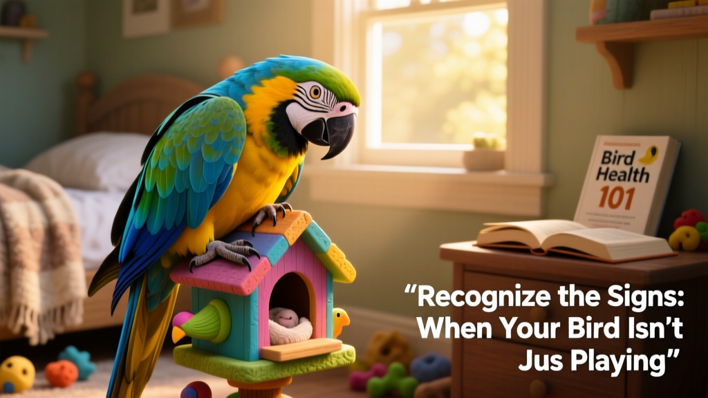 Macaw gently resting on a colorful toy, mimicking incubation behavior