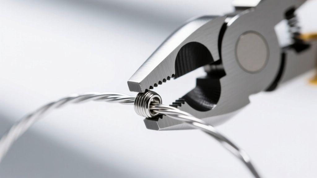 Close-up of a silver micro crimping tool squeezing a 2mm sterling silver crimp bead over 0.018-inch nylon-coated beading wire.