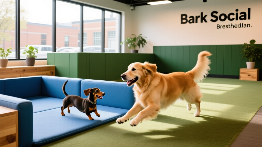 Two dogs playing side-by-side in clearly marked small-dog and large-dog zones inside Bark Social Bethesda