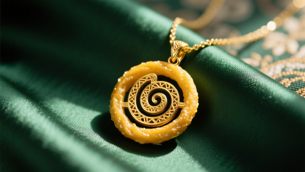 Macro shot of an 18k yellow gold jalebi necklace pendant on green silk, highlighting the intricate swirling spiral labyrinth motif