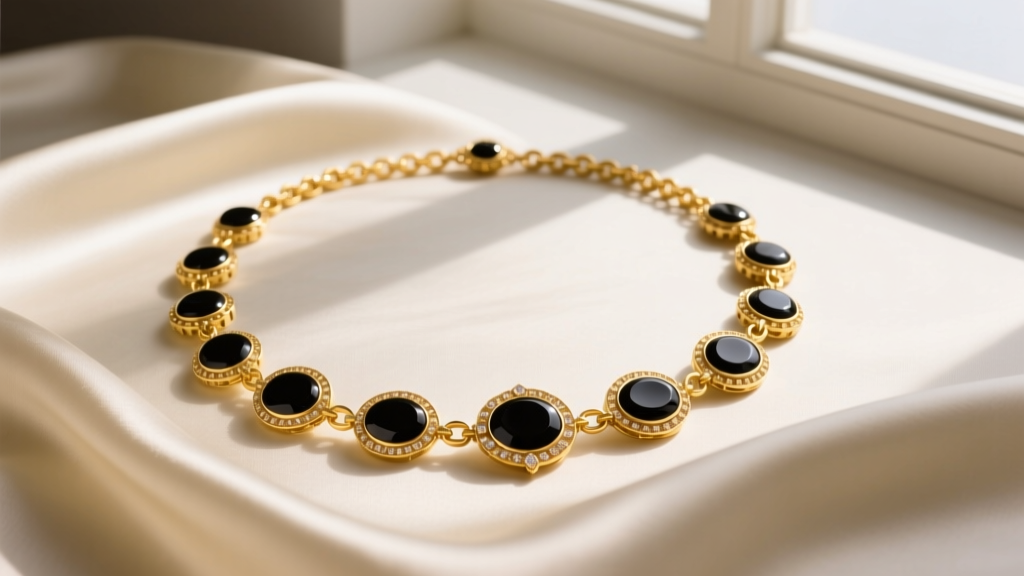 Flat lay of a vintage 18k yellow gold and black onyx Alhambra 10-motif long necklace draped over cream silk fabric