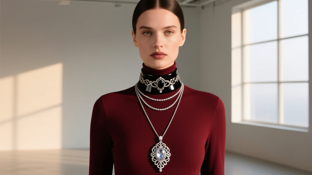 Model wearing a layered stack with a 16-inch raven choker and a 24-inch silver reliquary pendant over a dark red turtleneck.
