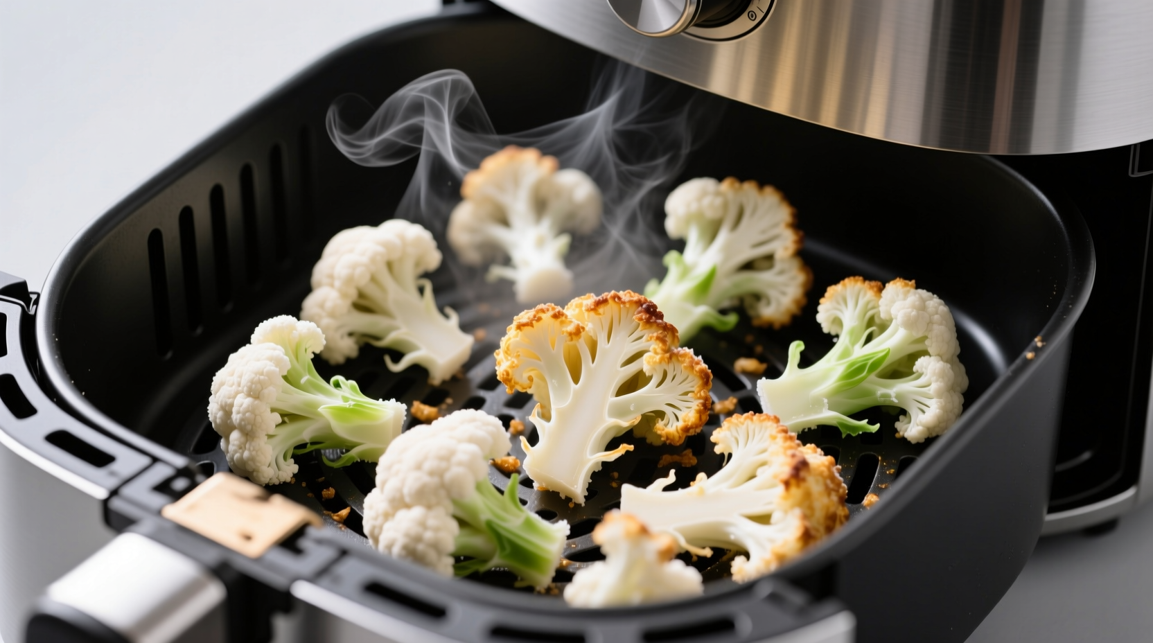 Winter vegetable shortage solution: frozen cauliflower air frying at peak crispness stage, demonstrating how size variation affects timing—key for consistent results