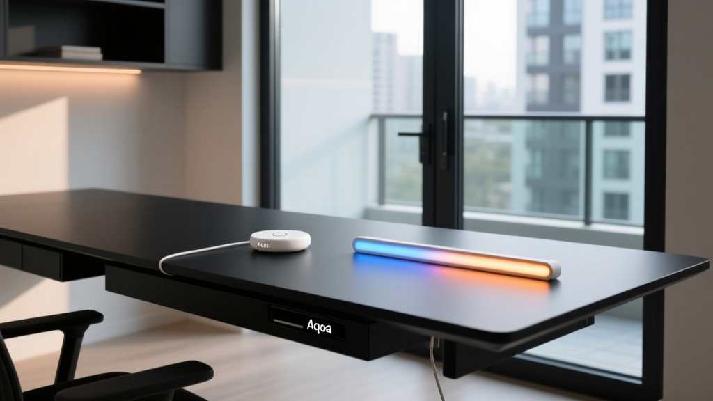 Modern 2026 home office desk with an Aqara smart button and glowing Govee light strip, illustrating budget motivational gadgets for deep work.