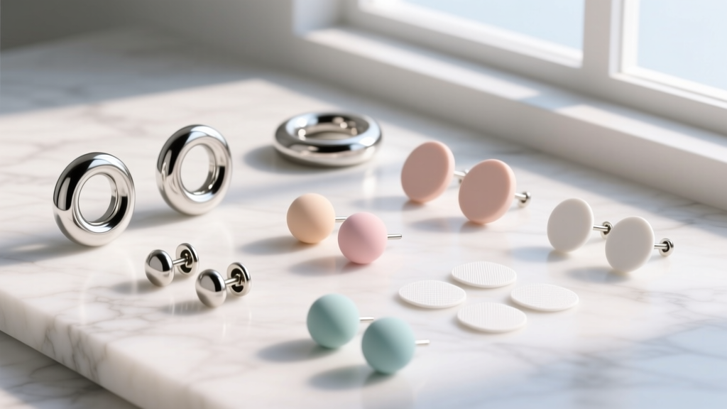 Flat lay of various earring backs including jumbo metal clutches, silicone stoppers, and adhesive lobe support patches on marble.