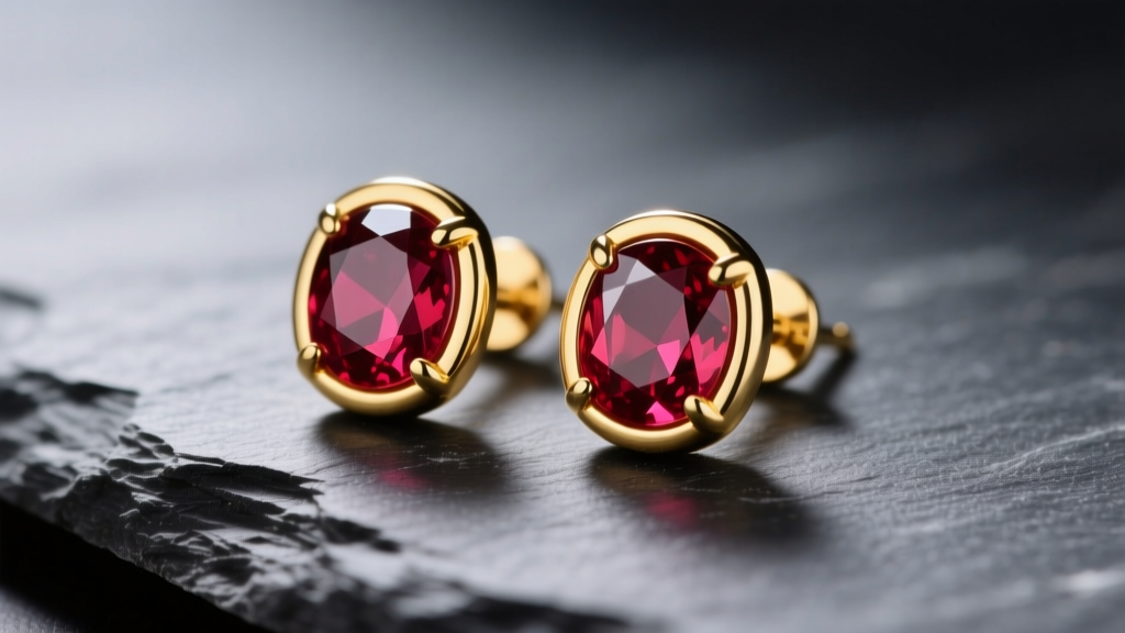 Macro shot of a pair of 18k yellow gold bezel-set cabochon ruby stud earrings resting on dark slate, soft studio lighting
