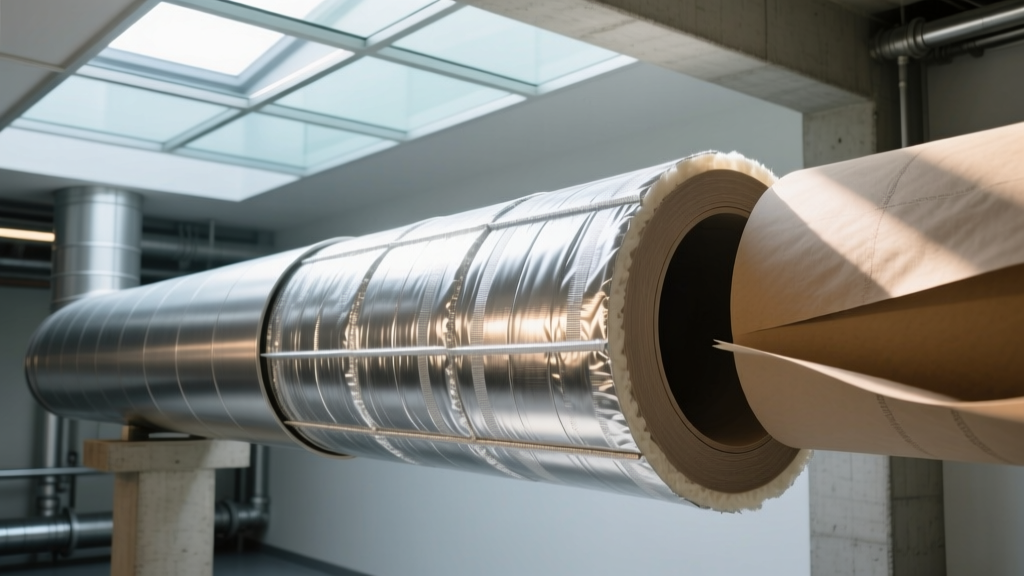 Cross-section of high-temperature mechanical room ductwork wrapped in silver mica-glass fiber Class H insulation next to aramid paper rolls