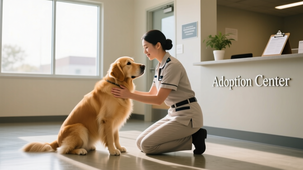 A calm, clean shelter intake area with staff gently interacting with a Golden Retriever, emphasizing compassion and professionalism