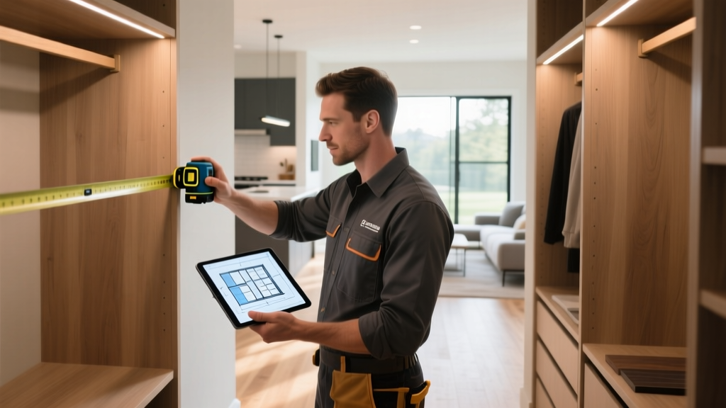 Carpenter measuring a framed walk-in closet space with a laser measure while reviewing shelving blueprints on a tablet in a modern home.